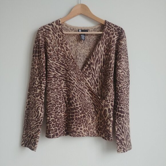 Carole Little lambs wool angora wrap front sweater top leopard animal print M - Picture 1 of 15